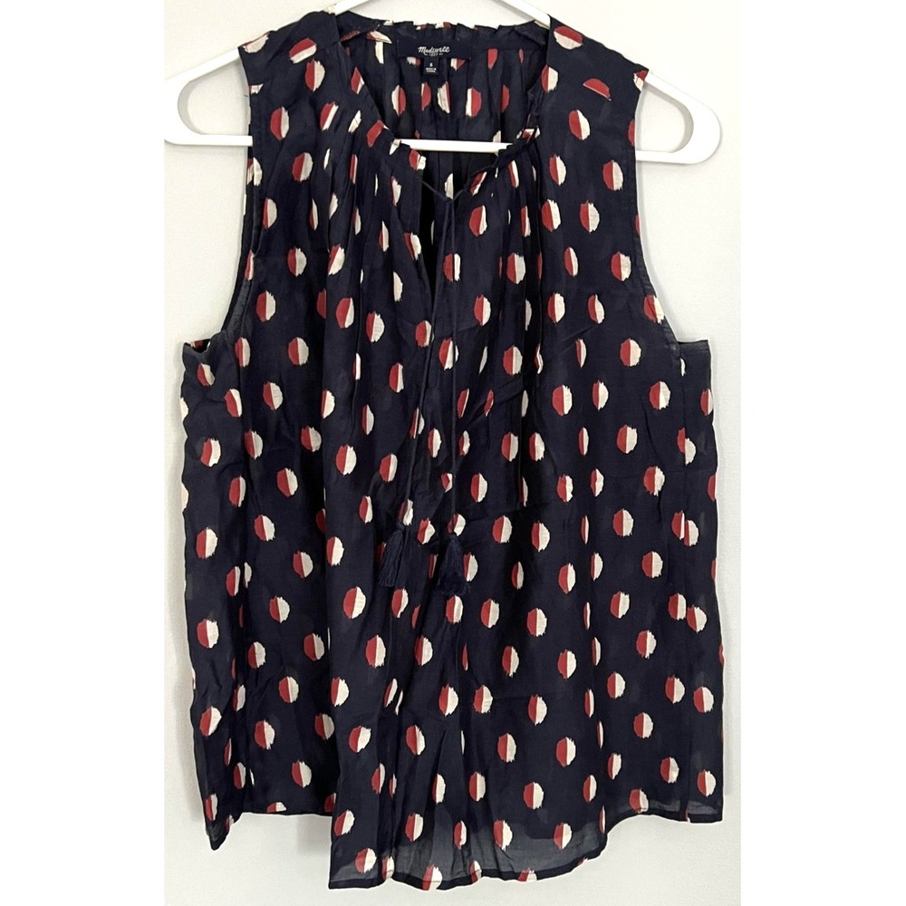 Madewell Blouse Women S Blue Dot Print Sleeveless Silk Blend Tie Neck Tassel